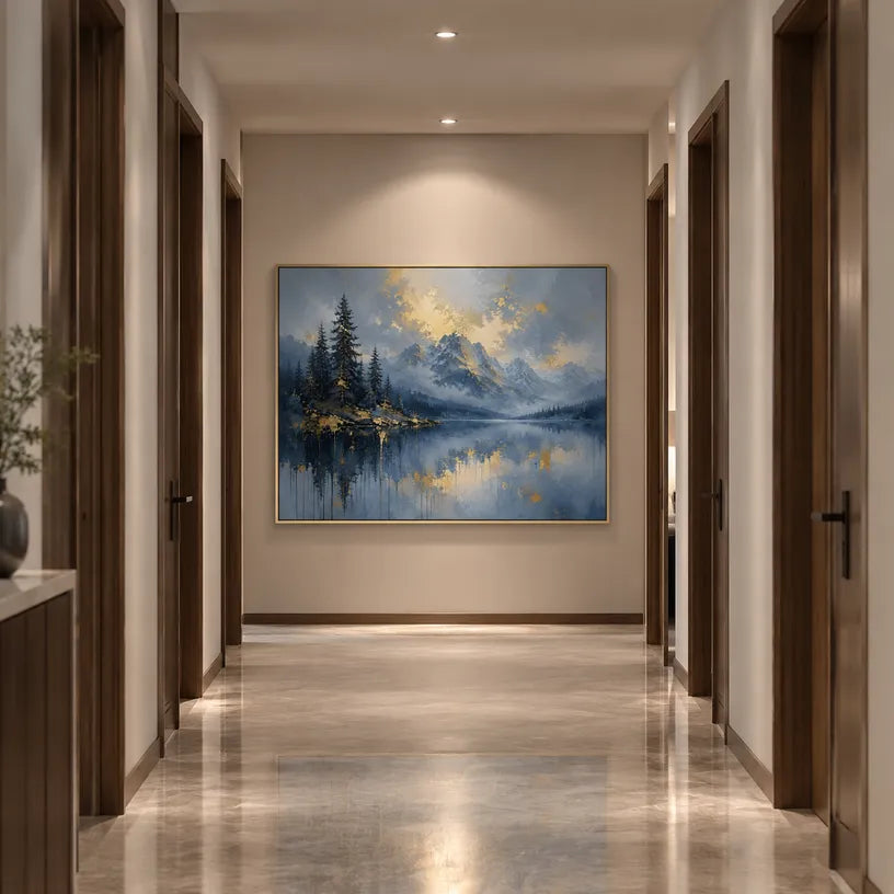 Abstract Expressionist landscapes & seascapes & cityscapes oil painting showing a alpine lake and evergreen landscape in a blue palette, contemporary wall art.