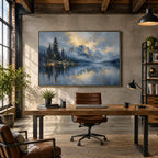 Abstract Expressionist landscapes & seascapes & cityscapes oil painting showing a alpine lake and evergreen landscape in a blue palette, contemporary wall art.