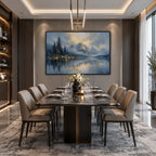 Abstract Expressionist landscapes & seascapes & cityscapes oil painting showing a alpine lake and evergreen landscape in a blue palette, contemporary wall art.