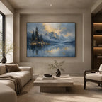 Abstract Expressionist landscapes & seascapes & cityscapes oil painting showing a alpine lake and evergreen landscape in a blue palette, contemporary wall art.