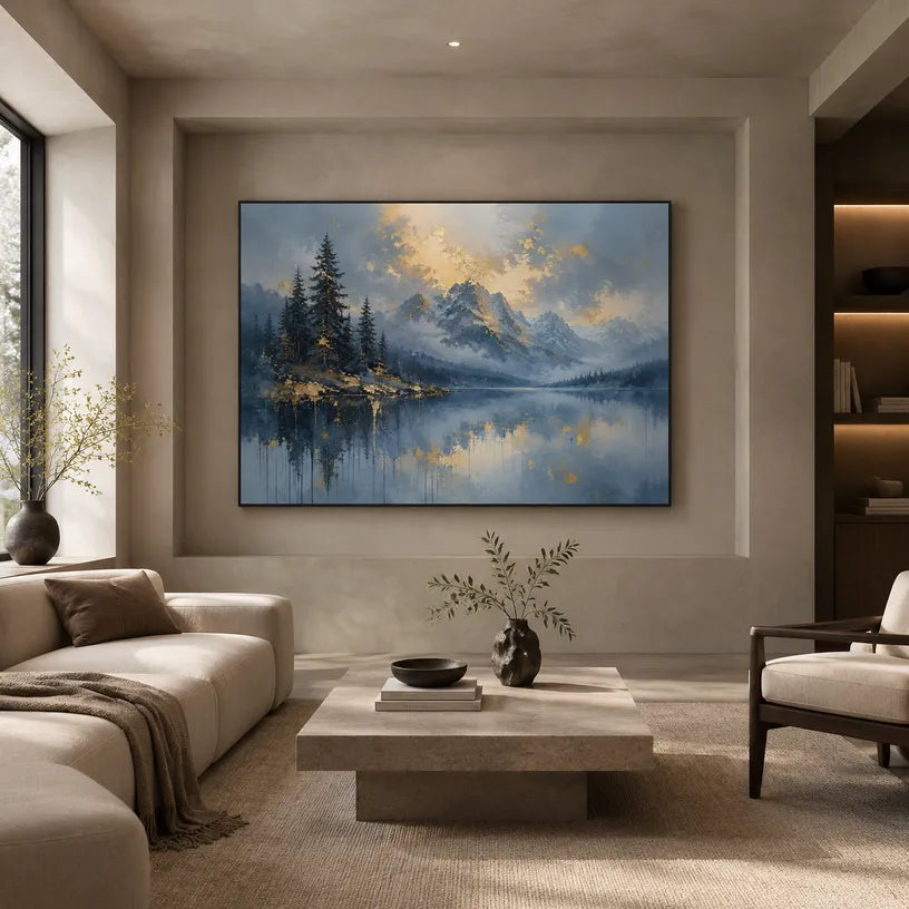 Abstract Expressionist landscapes & seascapes & cityscapes oil painting showing a alpine lake and evergreen landscape in a blue palette, contemporary wall art.
