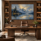 Abstract Expressionist landscapes & seascapes & cityscapes oil painting showing a alpine lake and evergreen landscape in a blue palette, contemporary wall art.