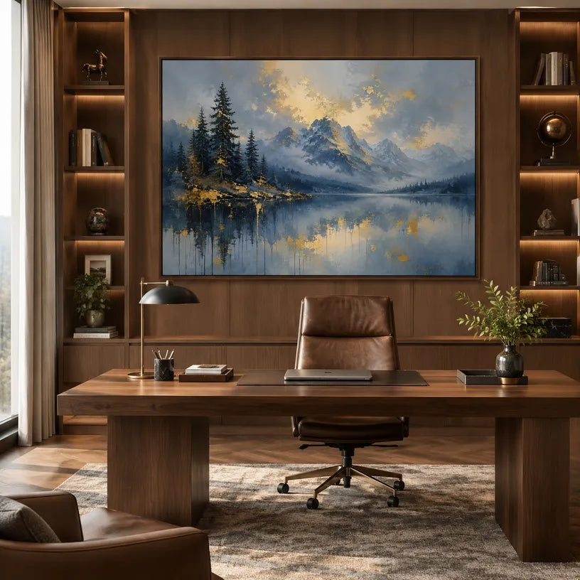 Abstract Expressionist landscapes & seascapes & cityscapes oil painting showing a alpine lake and evergreen landscape in a blue palette, contemporary wall art.