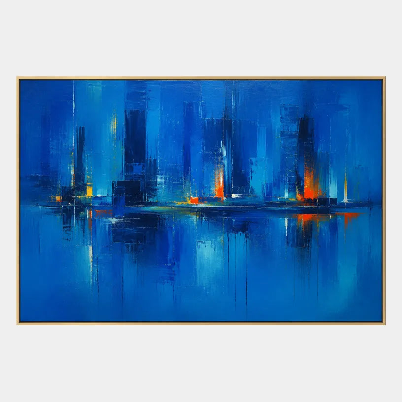Abstract Expressionist landscapes & seascapes & cityscapes oil painting showing a painterly landscape with distant hills, trees or reflective water in a blue palette.