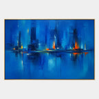 Abstract Expressionist landscapes & seascapes & cityscapes oil painting showing a painterly landscape with distant hills, trees or reflective water in a blue palette.