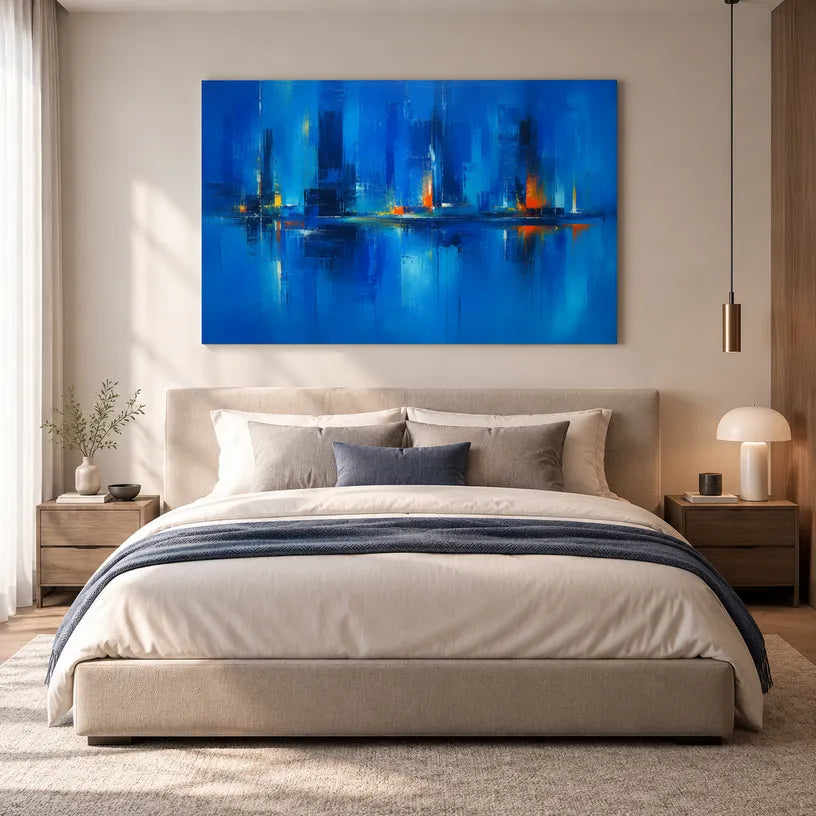 Abstract Expressionist landscapes & seascapes & cityscapes oil painting showing a painterly landscape with distant hills, trees or reflective water in a blue palette.
