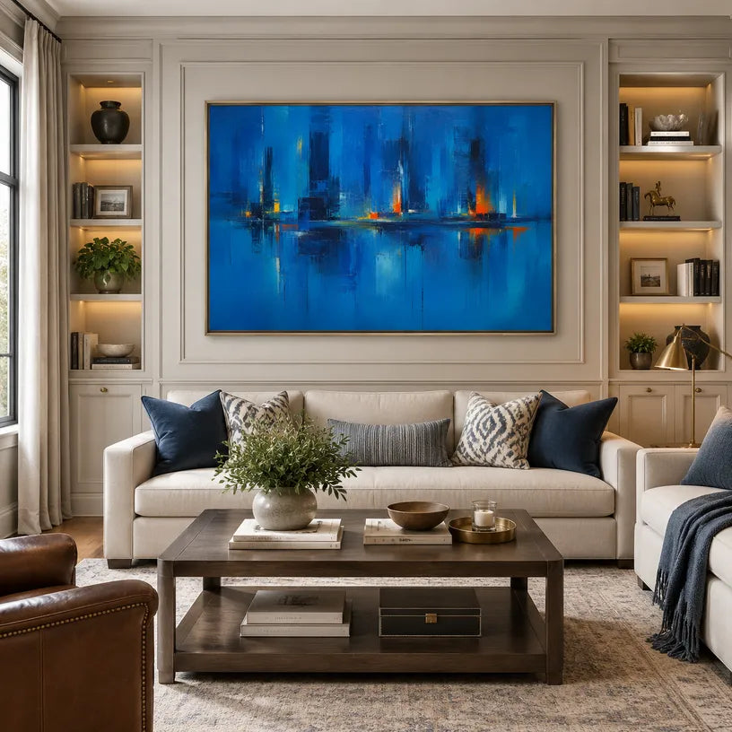 Abstract Expressionist landscapes & seascapes & cityscapes oil painting showing a painterly landscape with distant hills, trees or reflective water in a blue palette.