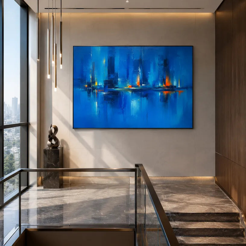 Abstract Expressionist landscapes & seascapes & cityscapes oil painting showing a painterly landscape with distant hills, trees or reflective water in a blue palette.