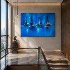 Abstract Expressionist landscapes & seascapes & cityscapes oil painting showing a painterly landscape with distant hills, trees or reflective water in a blue palette.