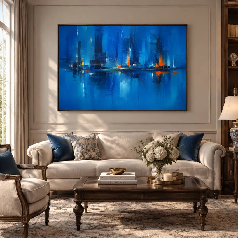 Abstract Expressionist landscapes & seascapes & cityscapes oil painting showing a painterly landscape with distant hills, trees or reflective water in a blue palette.