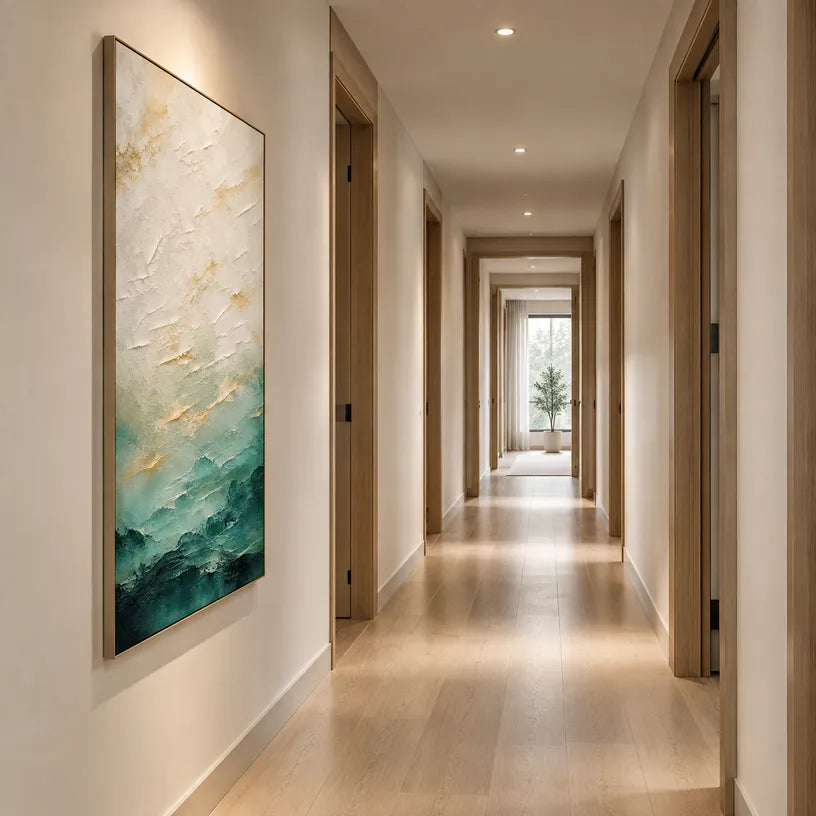 Abstract Expressionist landscapes & seascapes & cityscapes oil painting showing a painterly landscape with distant hills, trees or reflective water.