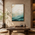Abstract Expressionist landscapes & seascapes & cityscapes oil painting showing a painterly landscape with distant hills, trees or reflective water.