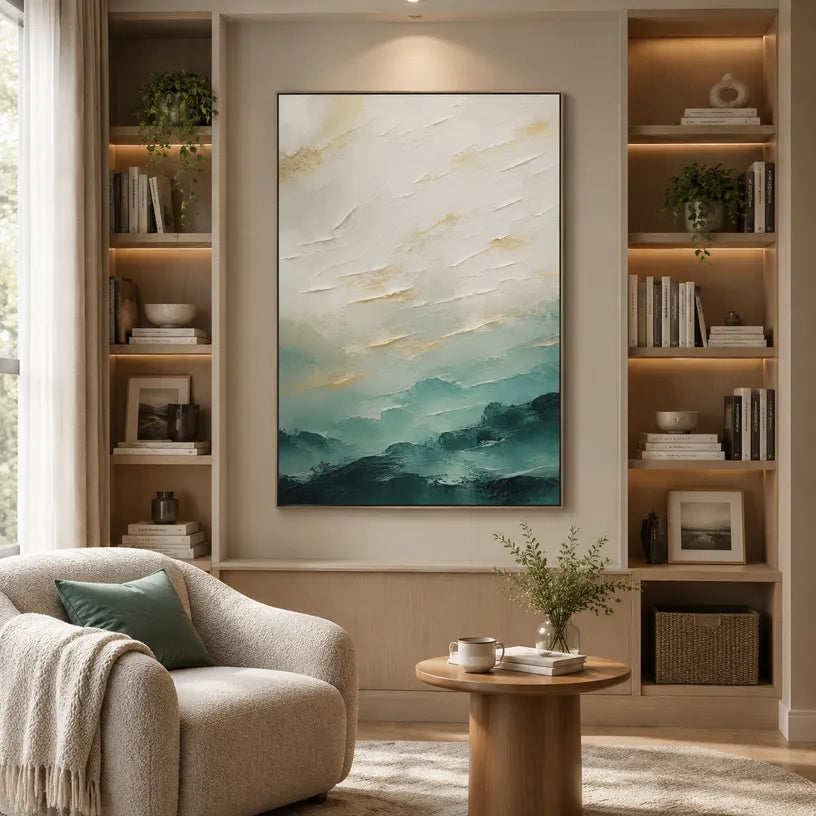 Abstract Expressionist landscapes & seascapes & cityscapes oil painting showing a painterly landscape with distant hills, trees or reflective water.