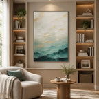 Abstract Expressionist landscapes & seascapes & cityscapes oil painting showing a painterly landscape with distant hills, trees or reflective water.