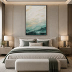 Abstract Expressionist landscapes & seascapes & cityscapes oil painting showing a painterly landscape with distant hills, trees or reflective water.