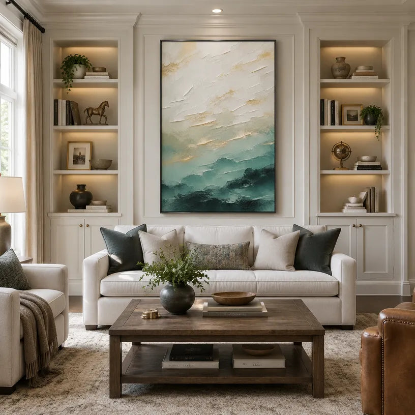 Abstract Expressionist landscapes & seascapes & cityscapes oil painting showing a painterly landscape with distant hills, trees or reflective water.