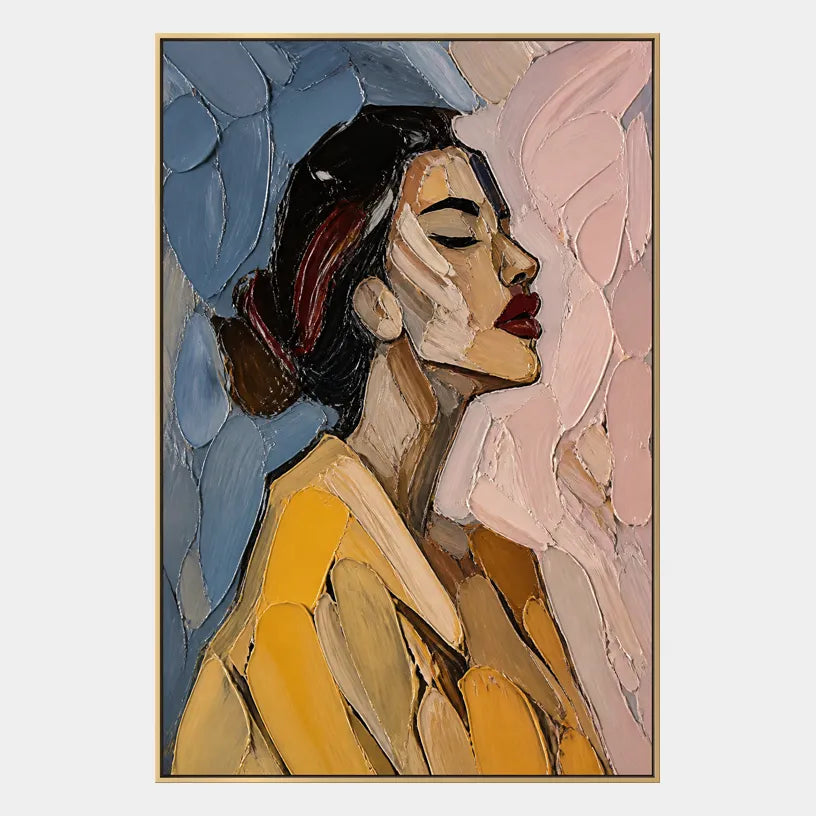 Abstract Expressionist portraiture & figure oil painting showing a stylized woman portrait with a cool blue ground in a blue palette, contemporary wall art.
