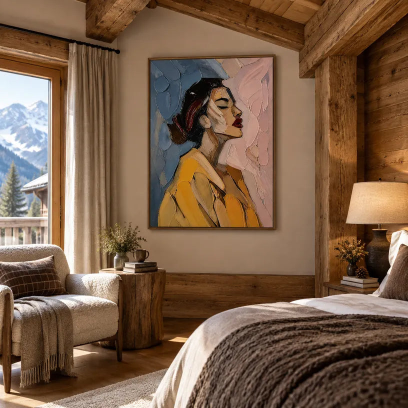 Abstract Expressionist portraiture & figure oil painting showing a stylized woman portrait with a cool blue ground in a blue palette, contemporary wall art.