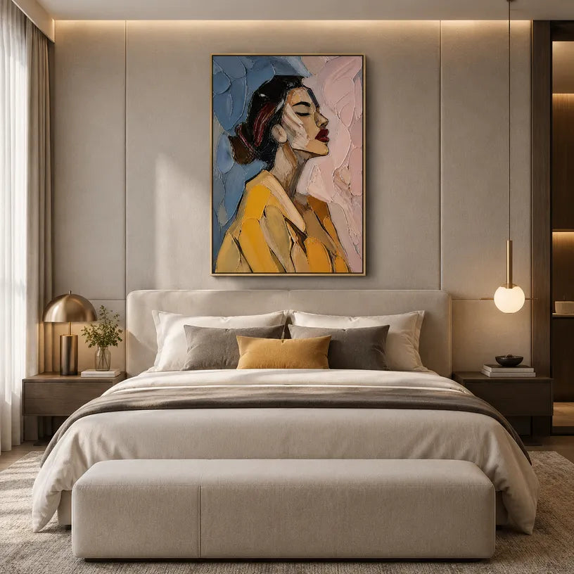 Abstract Expressionist portraiture & figure oil painting showing a stylized woman portrait with a cool blue ground in a blue palette, contemporary wall art.