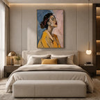 Abstract Expressionist portraiture & figure oil painting showing a stylized woman portrait with a cool blue ground in a blue palette, contemporary wall art.