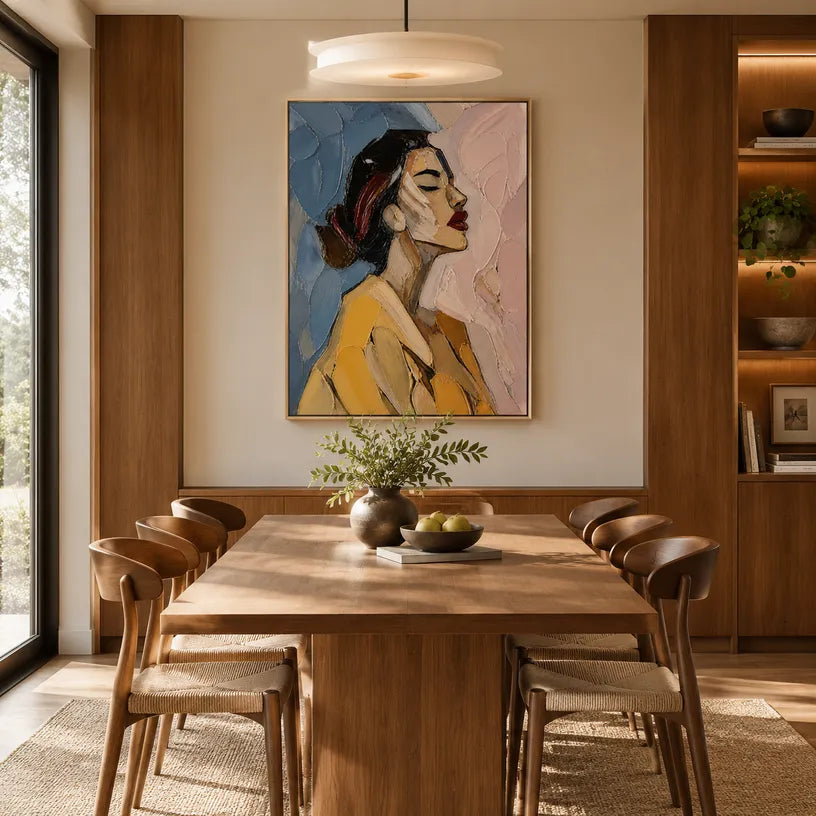 Abstract Expressionist portraiture & figure oil painting showing a stylized woman portrait with a cool blue ground in a blue palette, contemporary wall art.