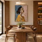 Abstract Expressionist portraiture & figure oil painting showing a stylized woman portrait with a cool blue ground in a blue palette, contemporary wall art.