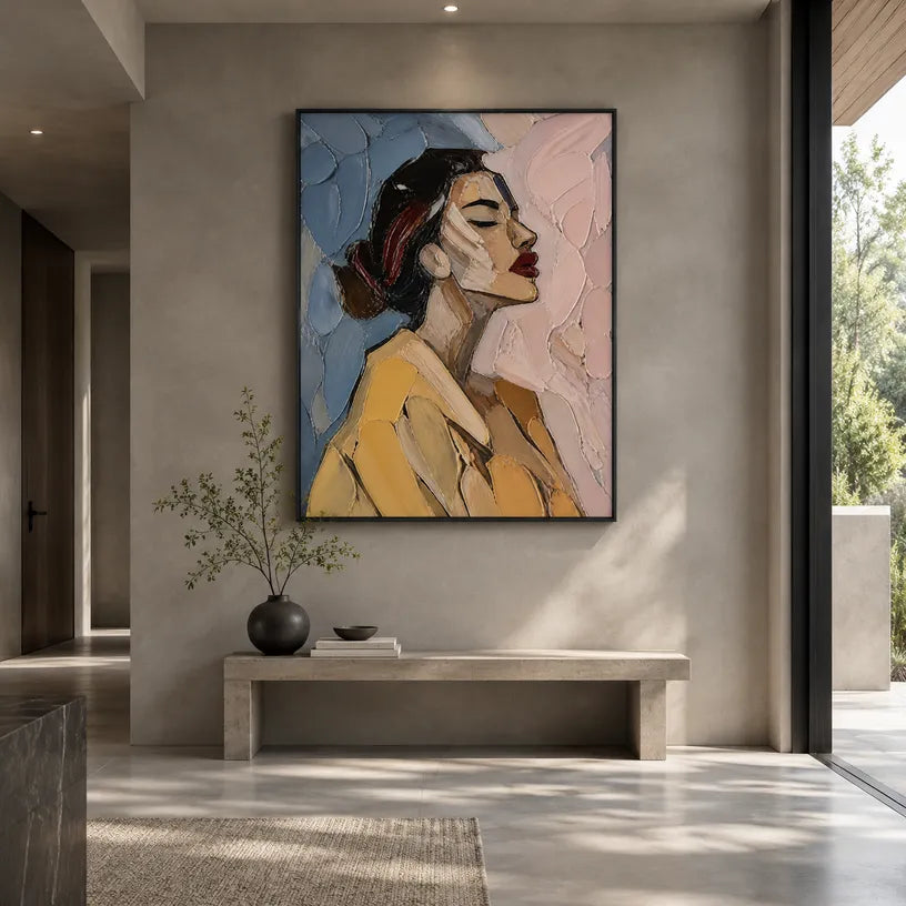 Abstract Expressionist portraiture & figure oil painting showing a stylized woman portrait with a cool blue ground in a blue palette, contemporary wall art.