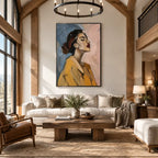 Abstract Expressionist portraiture & figure oil painting showing a stylized woman portrait with a cool blue ground in a blue palette, contemporary wall art.