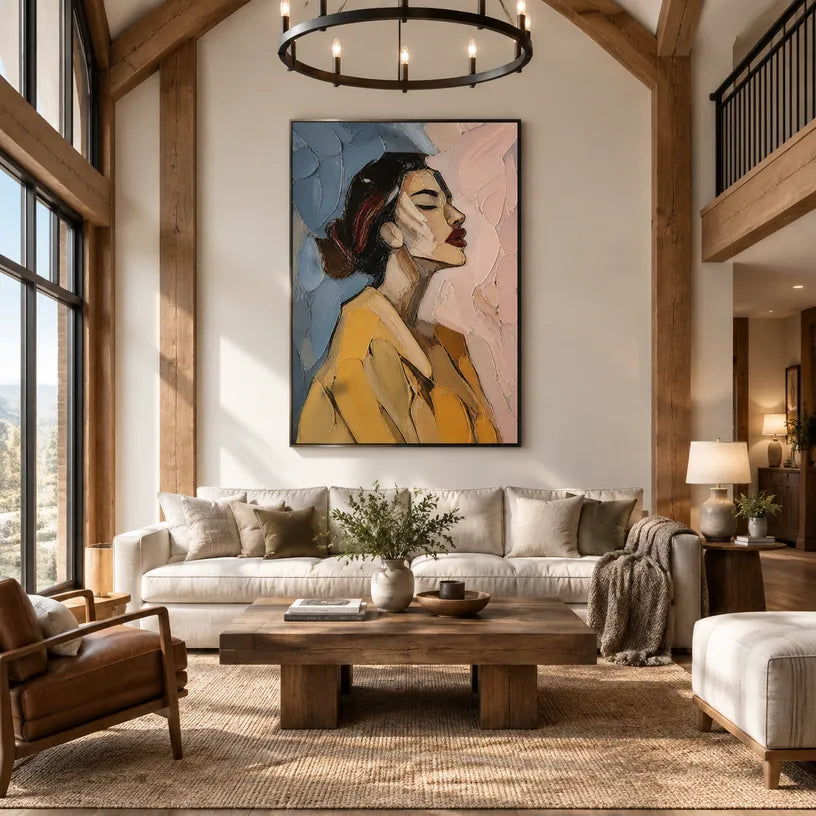 Abstract Expressionist portraiture & figure oil painting showing a stylized woman portrait with a cool blue ground in a blue palette, contemporary wall art.
