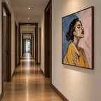 Abstract Expressionist portraiture & figure oil painting showing a stylized woman portrait with a cool blue ground in a blue palette, contemporary wall art.