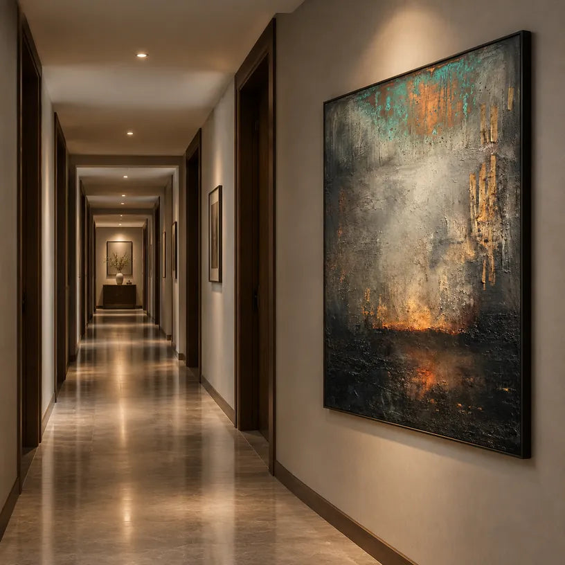 Abstract Expressionism abstract & conceptual oil painting featuring layered abstract marks, texture and expressive painterly movement in a grey palette.