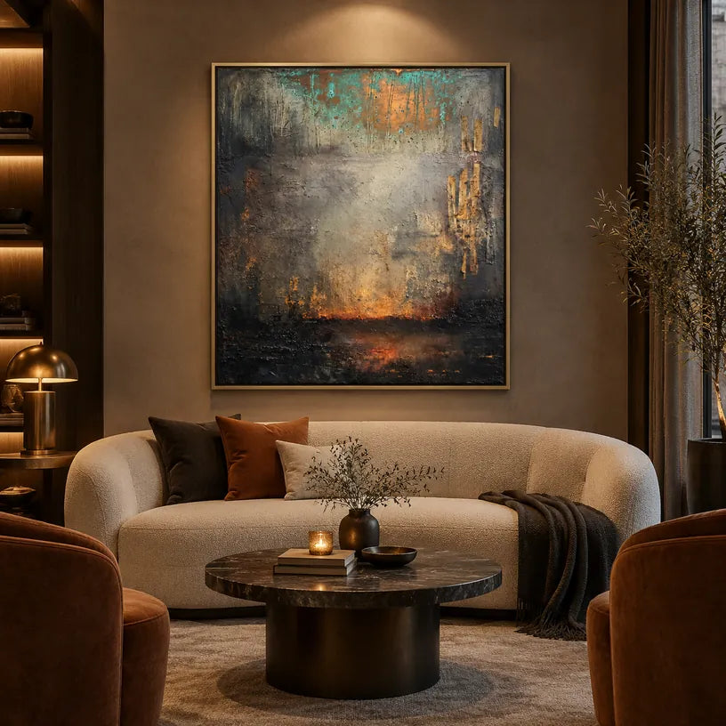 Abstract Expressionism abstract & conceptual oil painting featuring layered abstract marks, texture and expressive painterly movement in a grey palette.