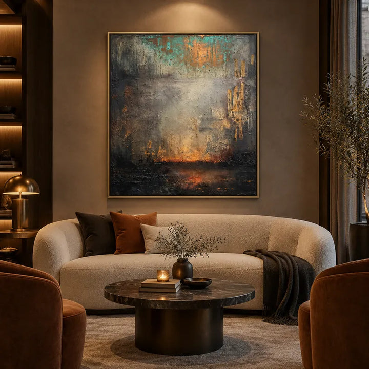 Abstract Expressionism abstract & conceptual oil painting featuring layered abstract marks, texture and expressive painterly movement in a grey palette.