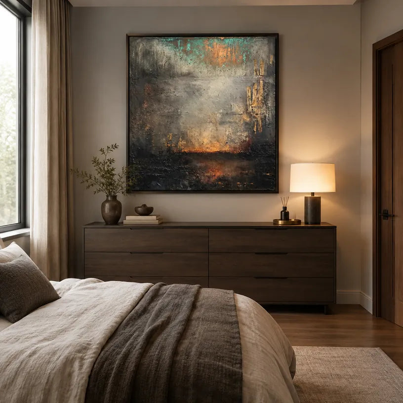 Abstract Expressionism abstract & conceptual oil painting featuring layered abstract marks, texture and expressive painterly movement in a grey palette.