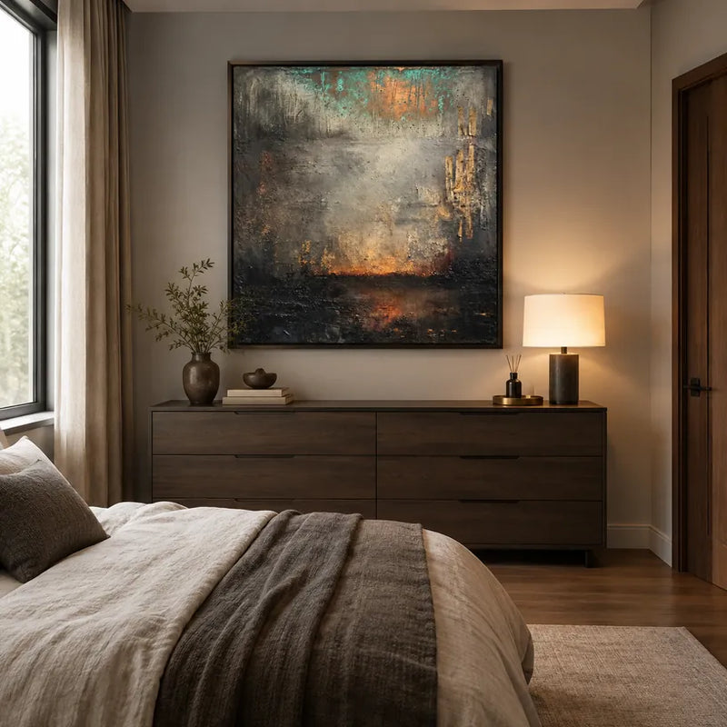 Abstract Expressionism abstract & conceptual oil painting featuring layered abstract marks, texture and expressive painterly movement in a grey palette.