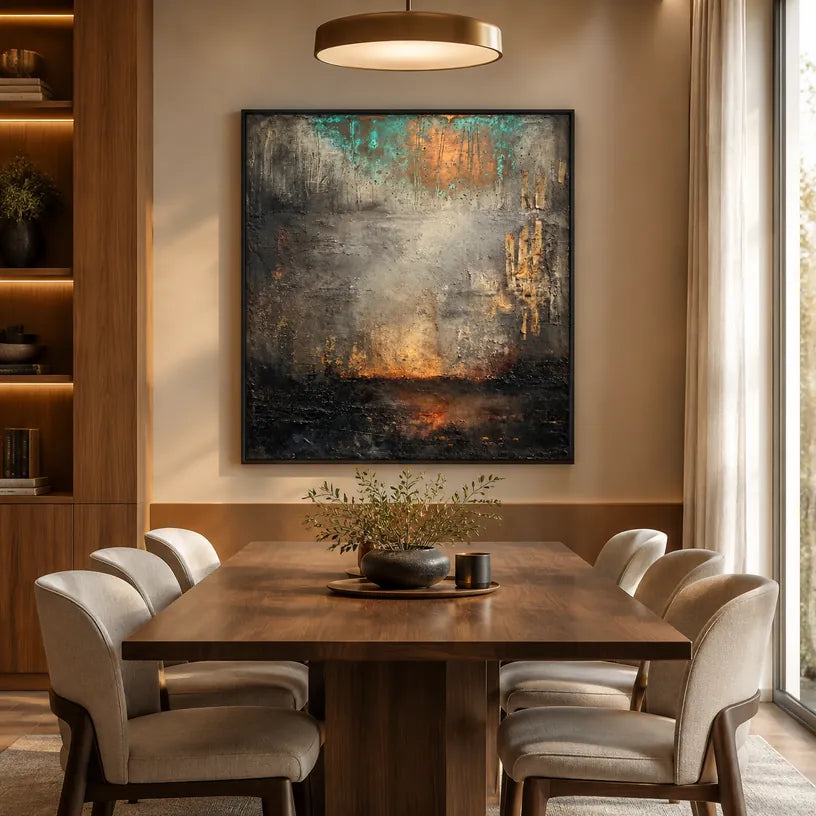 Abstract Expressionism abstract & conceptual oil painting featuring layered abstract marks, texture and expressive painterly movement in a grey palette.