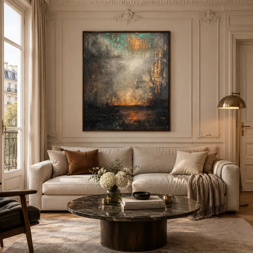 Abstract Expressionism abstract & conceptual oil painting featuring layered abstract marks, texture and expressive painterly movement in a grey palette.
