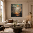 Abstract Expressionism abstract & conceptual oil painting featuring layered abstract marks, texture and expressive painterly movement in a grey palette.