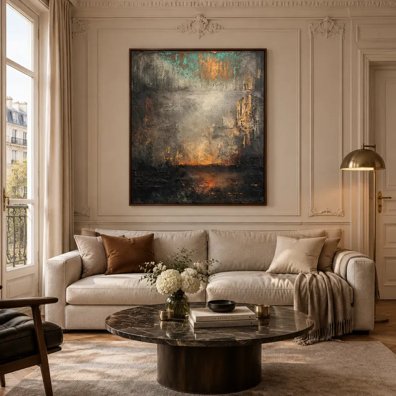 Abstract Expressionism abstract & conceptual oil painting featuring layered abstract marks, texture and expressive painterly movement in a grey palette.
