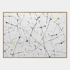 Abstract Expressionist abstract oil painting showing white and black linear marks with restrained gold detail in a black and white palette, contemporary wall art.