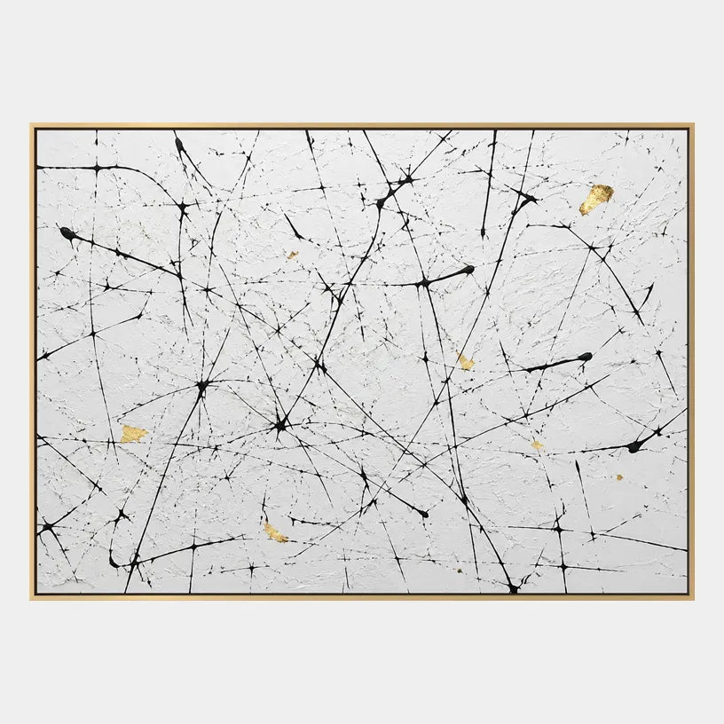 Abstract Expressionist abstract oil painting showing white and black linear marks with restrained gold detail in a black and white palette, contemporary wall art.