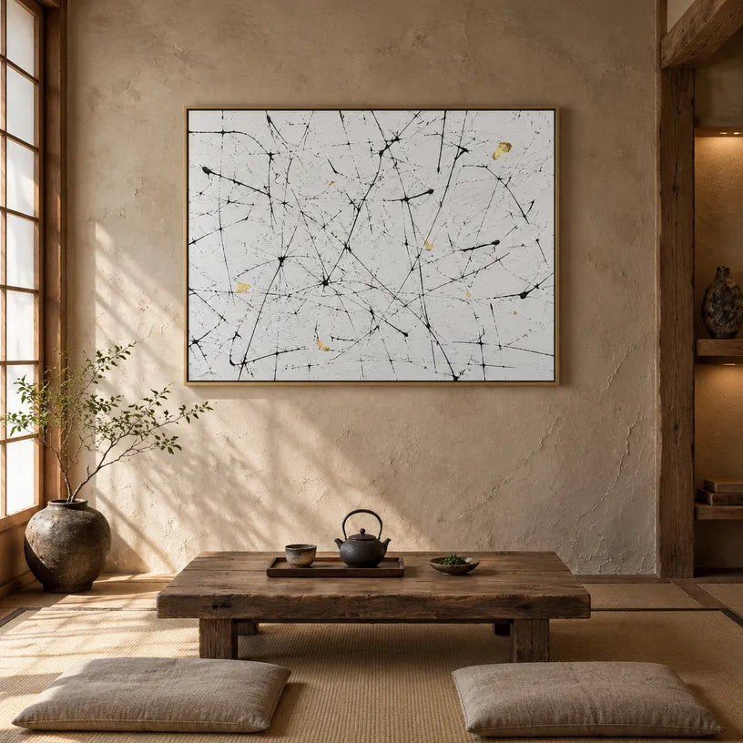 Abstract Expressionist abstract oil painting showing white and black linear marks with restrained gold detail in a black and white palette, contemporary wall art.
