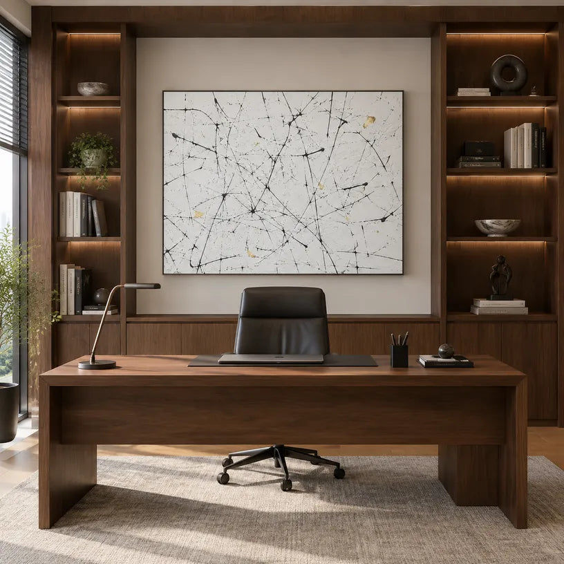 Abstract Expressionist abstract oil painting showing white and black linear marks with restrained gold detail in a black and white palette, contemporary wall art.