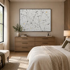 Abstract Expressionist abstract oil painting showing white and black linear marks with restrained gold detail in a black and white palette, contemporary wall art.
