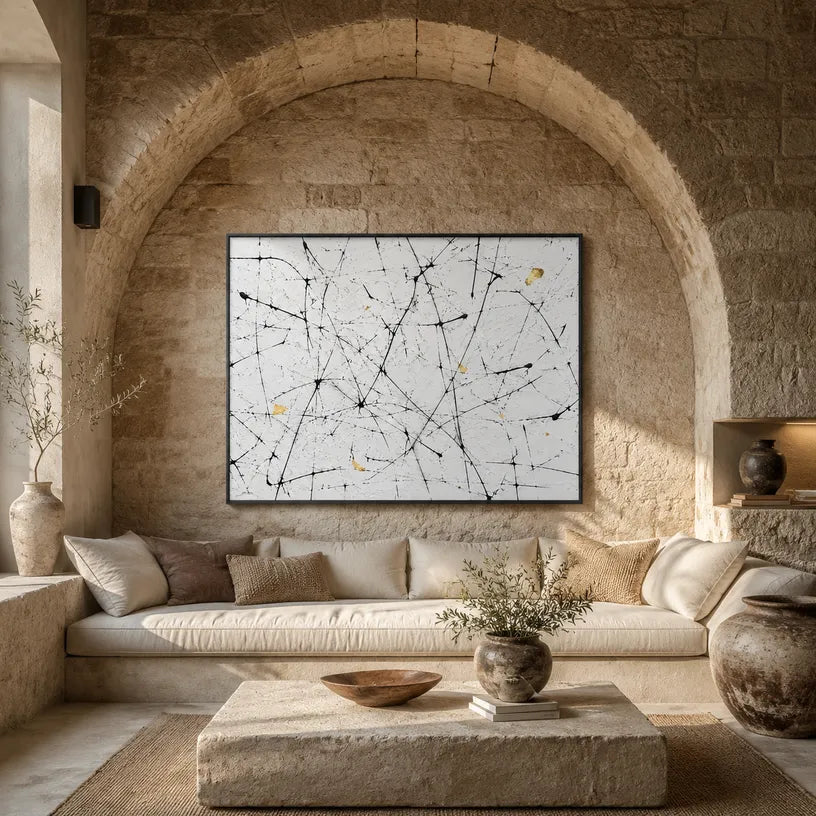 Abstract Expressionist abstract oil painting showing white and black linear marks with restrained gold detail in a black and white palette, contemporary wall art.