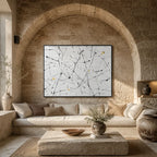 Abstract Expressionist abstract oil painting showing white and black linear marks with restrained gold detail in a black and white palette, contemporary wall art.