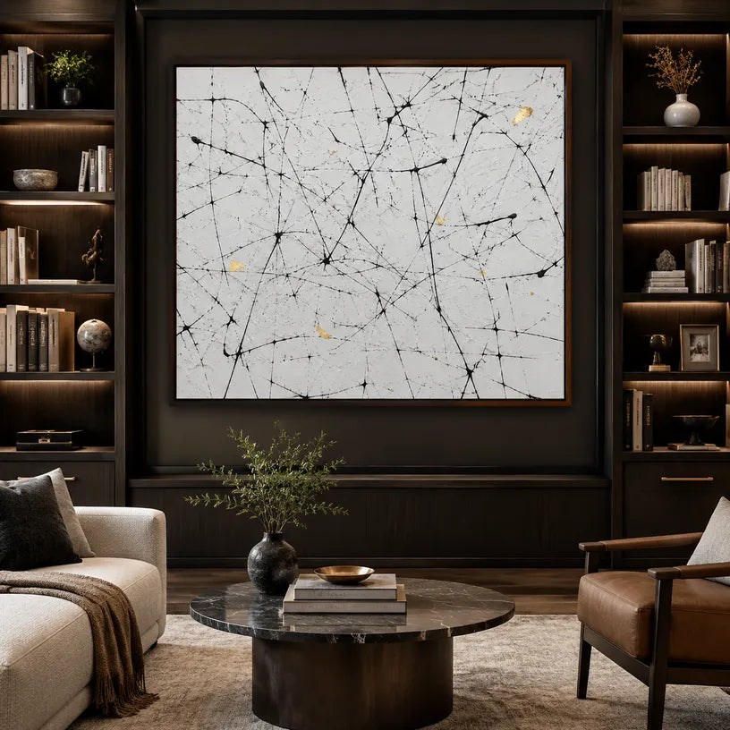 Abstract Expressionist abstract oil painting showing white and black linear marks with restrained gold detail in a black and white palette, contemporary wall art.