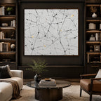 Abstract Expressionist abstract oil painting showing white and black linear marks with restrained gold detail in a black and white palette, contemporary wall art.