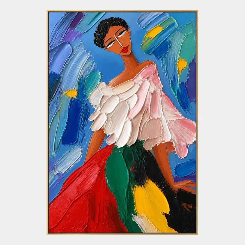 Abstract Expressionist portraiture & figure oil painting showing a colorful figure in a blue and jewel-toned interior in a blue palette, contemporary wall art.
