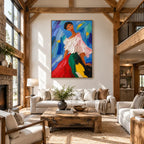 Abstract Expressionist portraiture & figure oil painting showing a colorful figure in a blue and jewel-toned interior in a blue palette, contemporary wall art.